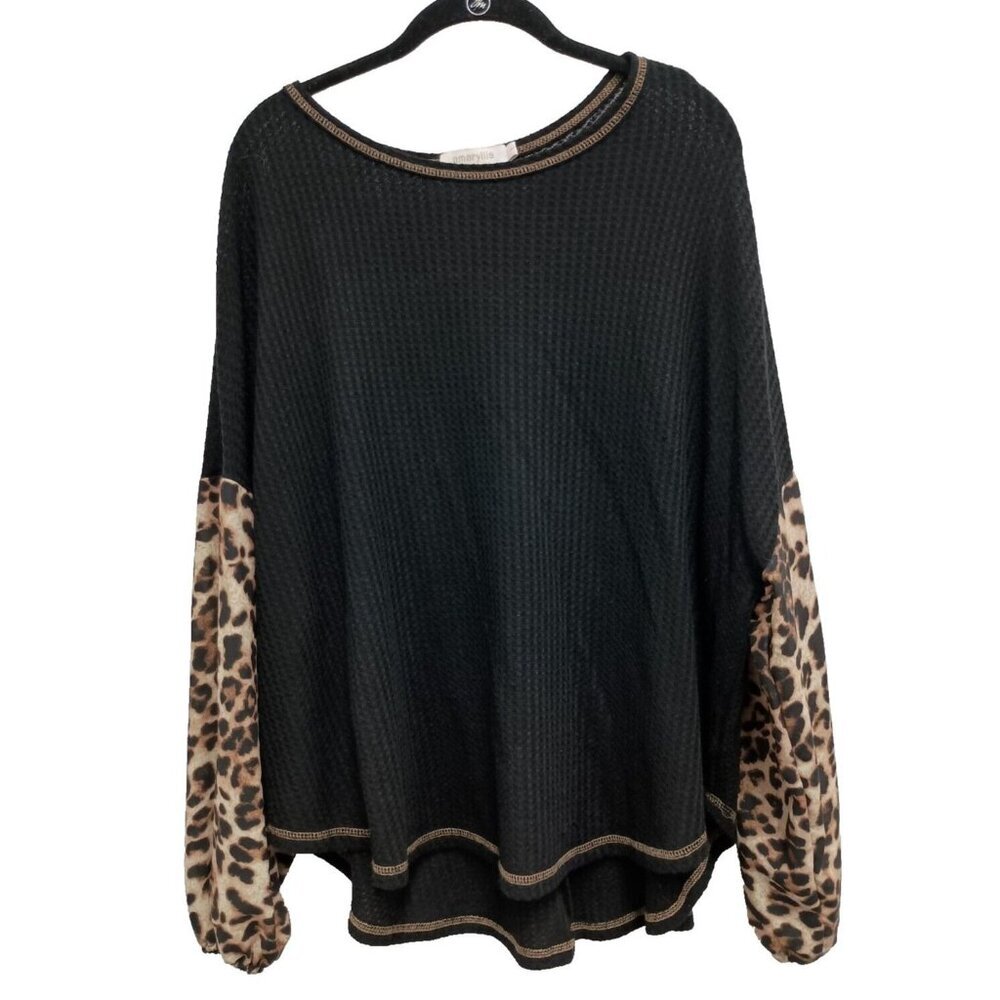 Amaryllis Womens BOHO Top Size Large Black Brown Thermal Contrast Animal Print